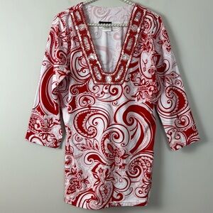 Boston Proper Red and White Tunic Blouse SIZE M